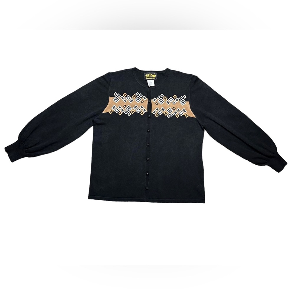 Bob Mackie black cardigan sweater with brown & tan embroidered details size med